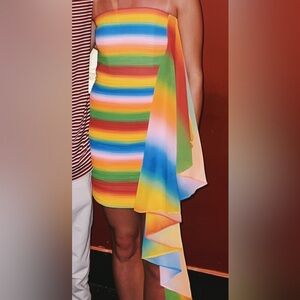 AMUR Green and Yellow Asymmetrical Mini Dress Resort Wear